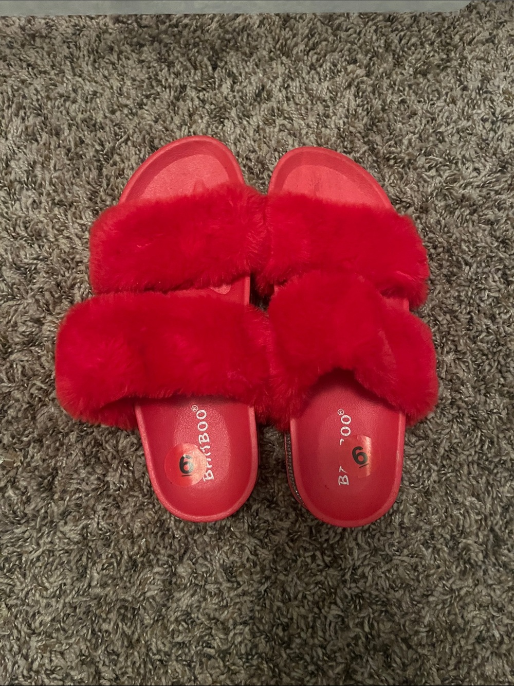 BAMBOO Kids Bright Red Faux-Fur Double Strap Slides